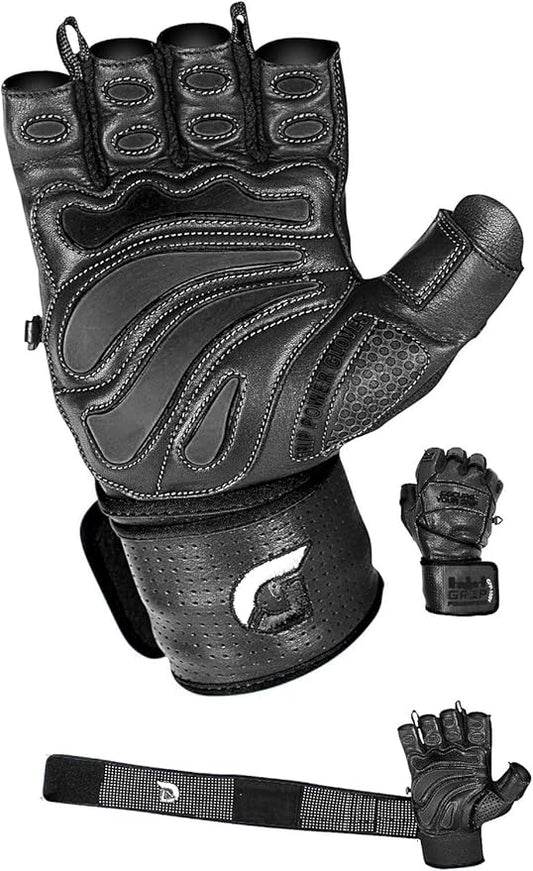 Elite Leather Gym Gloves with Built in 2" Wide Wrist Wraps Grip & Design for Weightlifting Power Lifting Bodybuilding & Strength Training Workout Exercises, Size : Medium