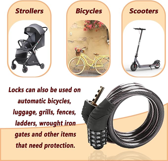4-Digit Combination Bike Lock - Heavy Duty Anti Theft Cable Lock with Keyless Security, Weatherproof Design for Bicycle, E-Bike, Scooter，Motorcycles,Mountain Bike,Road Bike,Metal Sliding Door