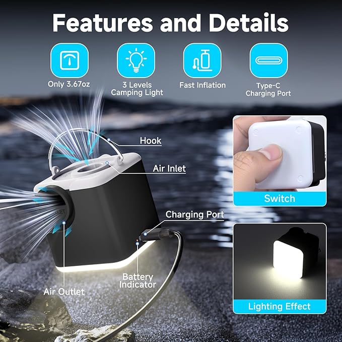 Portable Air Pump for Inflatables, 4.5kPa Mini Air Mattress Pump with Camping Light, 2400mAh Battery Rechargeable Air Pump for Pool Floats, Sleeping Pads, Swimming Ring, Vacuum Storage Bags