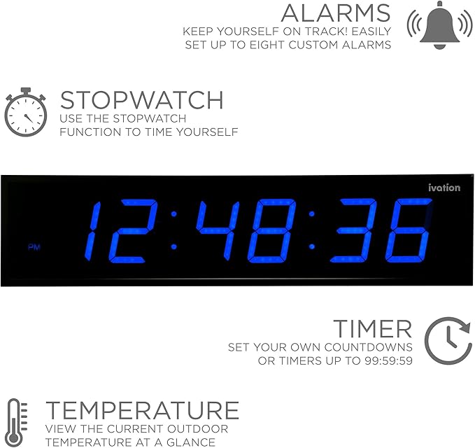 Ivation Huge Oversized 48" Large Digital LED Clock | Big Digital Clock w/Multi-Function Display – Stopwatch, Timer, Alarms, Temp & Date | 6 Brightness Levels, Time Memory & Remote (Blue)