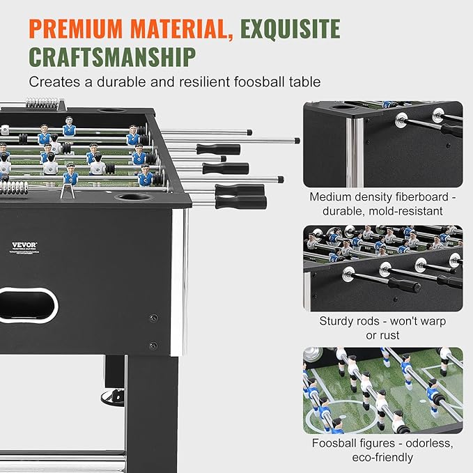 VEVOR Foosball Table, 55 inch Standard Size Foosball Table, Indoor Full Size Foosball Table for Home, Family, and Game Room, Soccer with Foosball Table Set, Includes 4 Balls and 4 Cup Holders, black