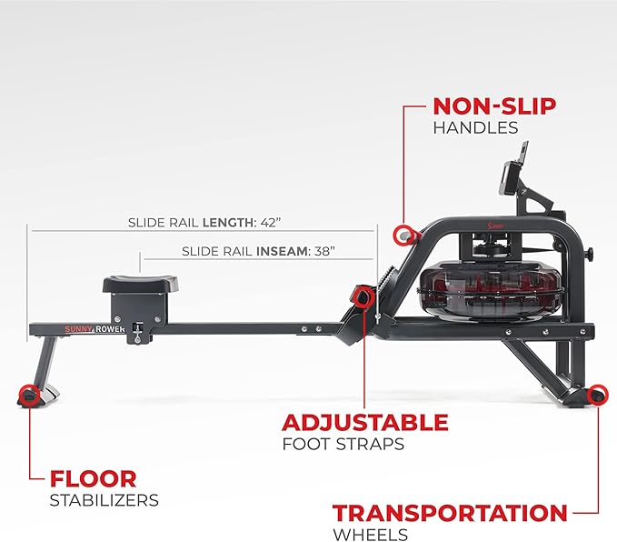Sunny Health & Fitness Premium Water Rower w/Intensive Dynamic Real-Time Resistance, 300 LB Capacity Flip-able Rowing Machine for Home Training, Optional Free SunnyFit App Connection