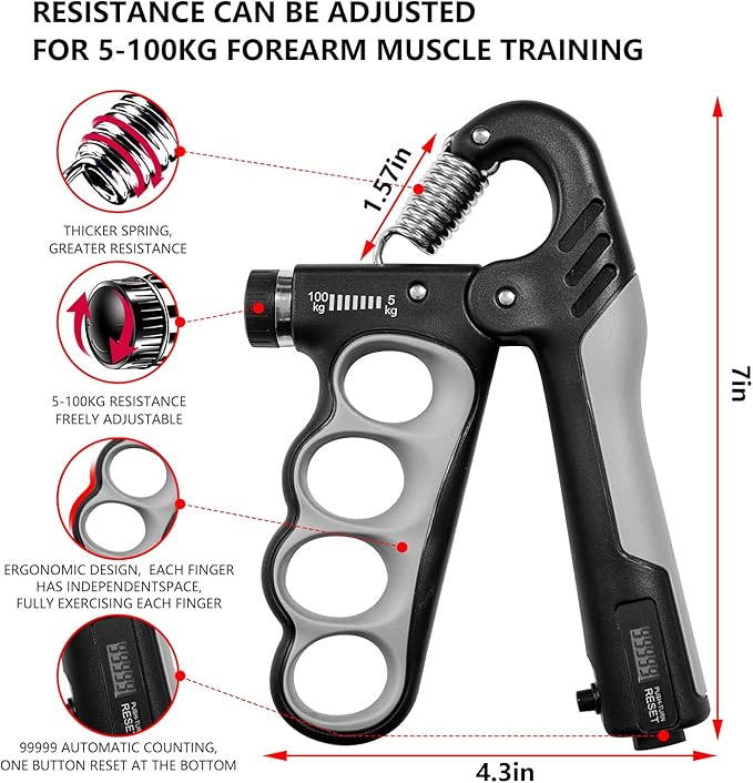Hand Grip Strengthener - 5-100KG Adjustable Hand Exerciser Grip Strength Trainer for Muscle Building, Hand Therapy and Recovery - Relieve Pain for Arthritis, Carpal Tunnel, Includes Grips and