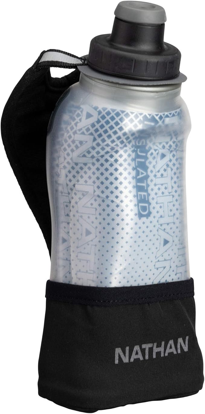 Nathan Running Handheld Water Bottle Adjustable No-Grip Quick Squeeze Lite Hand Strap. 12 oz Insulated Water Bottle. Reflective Hydration