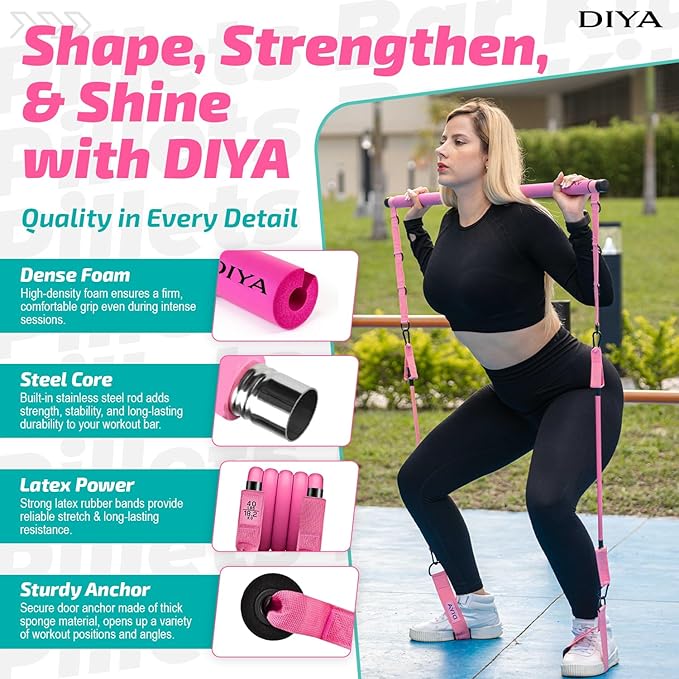 Pilates Bar Kit with Resistance Bands, Stretched Pilates Bar for Women & Men, 140 lbs Equipment for Legs, HIPS, Waist, Arms, Back, Core, Adjustable 3-Section Home Gym Kit for Full-Body Workouts