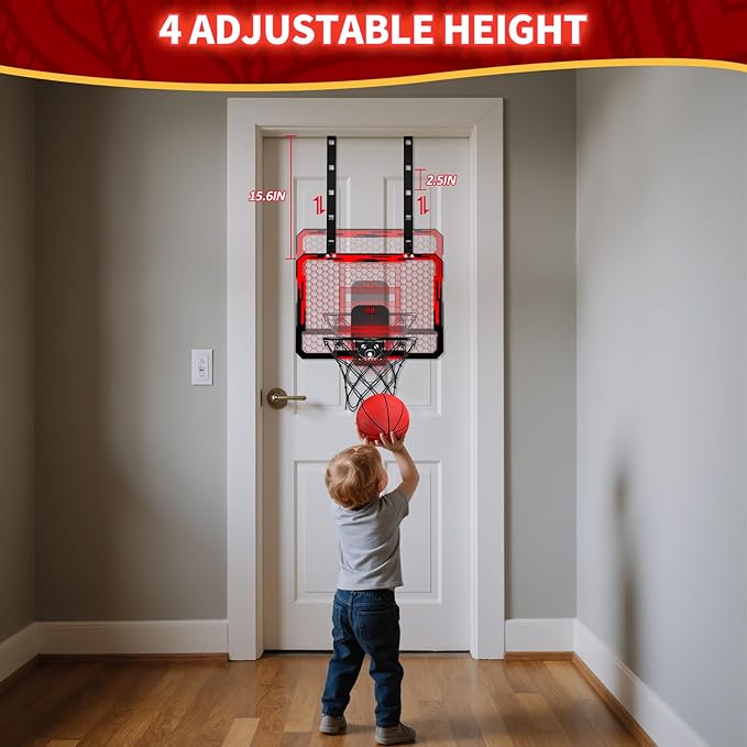 QDRAGON Indoor Basketball Hoop for Kids, Over The Door Mini Basketball Hoops with 7 LED Lighting, Basketball Toys Gifts for 5 6 7 8 9 10 11 12 Year Old Boys Girls Teens, Red