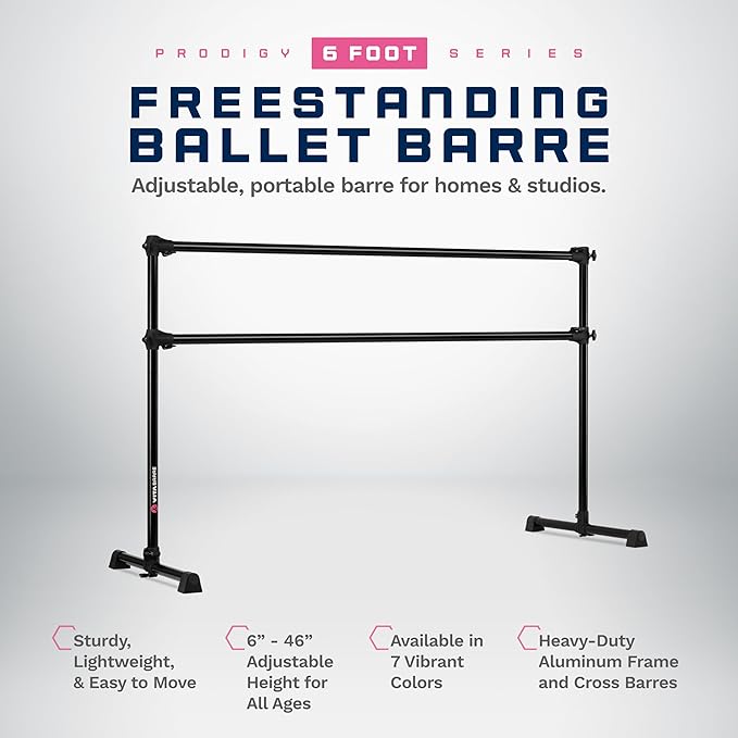 VITA Barre Portable Freestanding Double Ballet Barre, Prodigy, Aluminum | Adjustable Height, USA Made, Home or Gym Exercise Equipment for Kids & Adults | Dance, Fitness, Pilates
