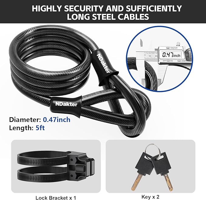 NDakter Bike Locks Heavy Duty Anti Theft，18mm Bicycle Combo U Lock with 5FT Cable, 4-Digit Resettable Combination Electric Scooter Lock with 2Keys and Bracket for Tricycle, Moped, Motorcycle(Gray)