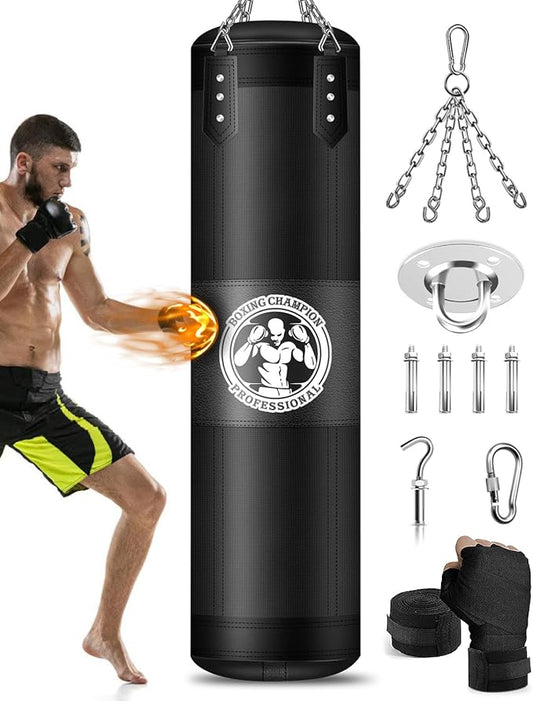 Punching Bag for Adults, 4FT PU Heavy Boxing Bags with Chain Ceiling Hook, Hanging Boxing Bag for Kickboxing Muay Thai Karate Judo Taekwondo Home Gym Training, Unfilled