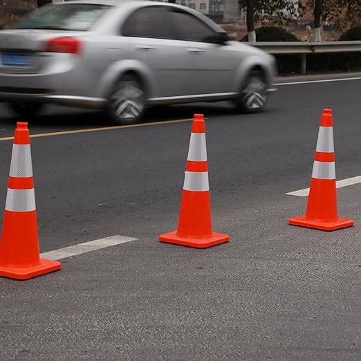 4 Pack 28" Traffic Cones – Durable Orange PVC Safety Cones with Reflective Collars for Parking, Construction, Roadwork & Driving Practice