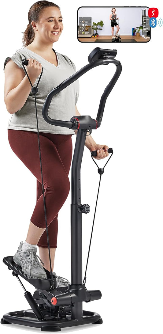Sunny Health & Fitness 2-in-1 Premium Power Stepper with Resistance Bands, Low-Impact Cardio, Space-Saving, Height-Adjustable, with Enhanced Bluetooth Connectivity with Free SunnyFit App