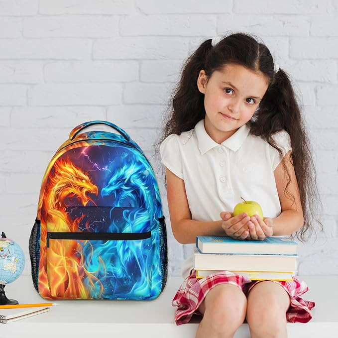 Dragon Backpack for Boys Girls Red Blue Fire Bookbags Lightweight Adjustable Elementary Middle High School Bags for Kids Children Teenagers Travel Daypack Cool Lightning Galaxy Backpacks Gifts