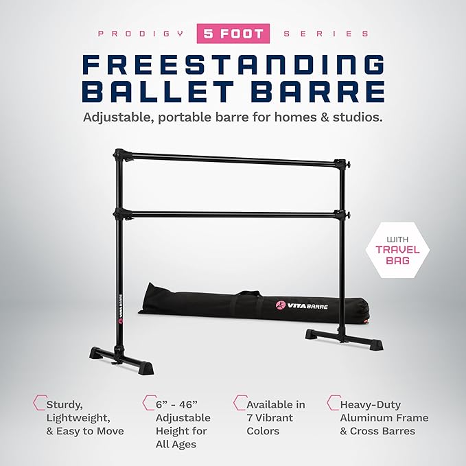 VITA Barre Portable Freestanding Double Ballet Barre, Prodigy, with Carry Bag | Adjustable Height, USA Made, Home or Gym Exercise Equipment for Kids & Adults | Dance, Fitness, Pilates