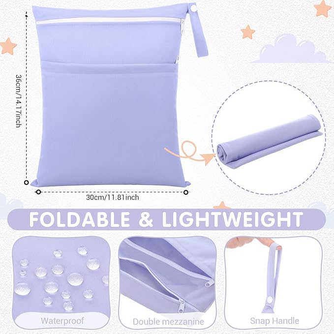 SATINIOR 4 Pack Wet Dry Bags for Baby Cloth Diapers Washable Travel Swimsuit Wet Bags Reusable with Two Zippered Pockets for Yoga Gym Swimsuits Travel Beach Pool Soiled Items(Dreamy Colors)