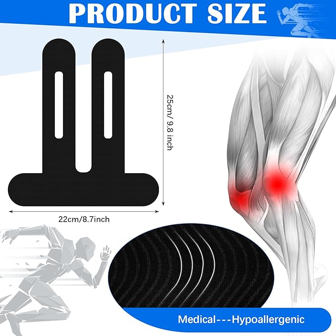 50 Pcs Precut Kinesiology Tape for Knees Pain Relief Elastic Waterproof Athletic Knee Tape for Support Stability Sports (Black,Blue,Skin Color)