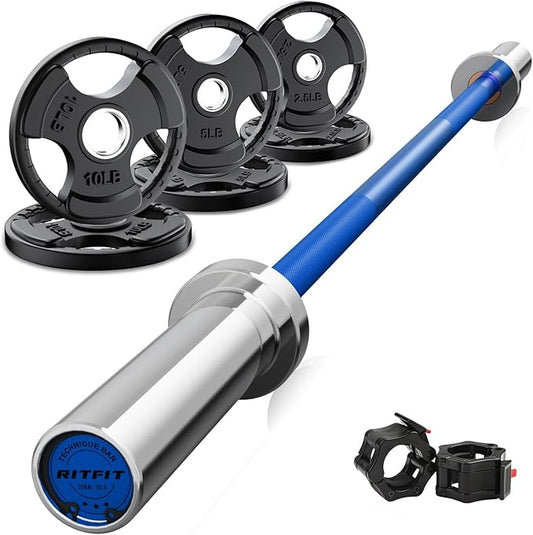 RitFit Barbell Weight Set - 4/6FT Olympic Barbell with Weight Plates (55-275LB Total) - Weightlifting Equipment for Squats, Curls, Deadlifts, Presses, Hip Thrusts