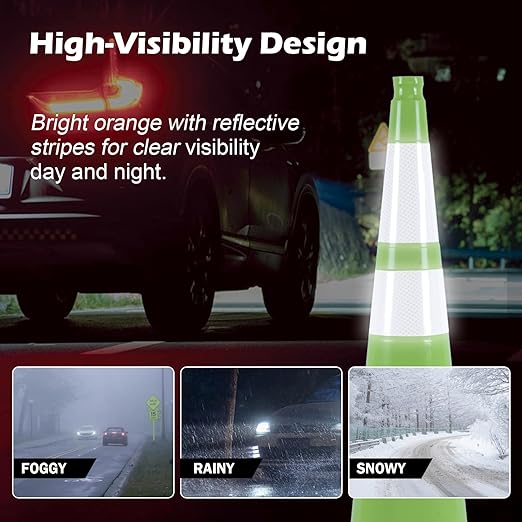 6 Pack 36" Green Traffic Control Cones – High-Visibility PVC Safety Cones with Black Base for Construction Parking Crowd Control(36 inch-6Pack)
