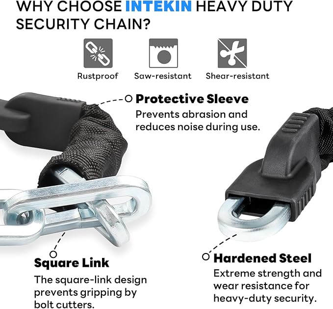 Heavy Duty Security Chain - Hardened Steel 3.3 ft x 3/8" Thick Square Bike Lock Chain for Bikes, Containers, Motorcycles, Trailers, ATV's