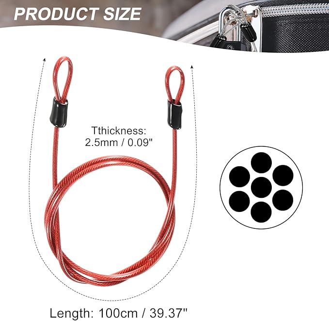 MECCANIXITY Security Steel Cable Lock, Safety Cable Flexible Wire Rope Luggage Lock 3.3feet 2.5mm Vinyl Coated Braided Steel with Double Loop for Bike Bicycle U-Lock Padlock Red