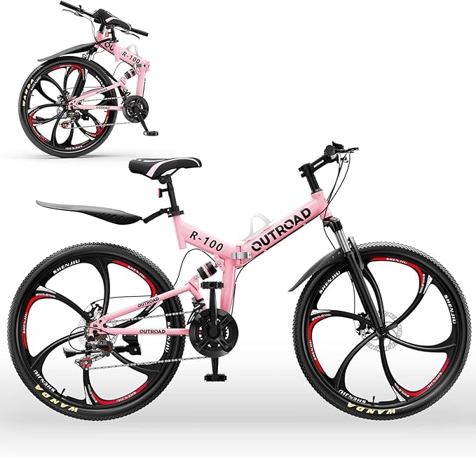 26 ich Folding Mountain Bike, 21 Speed High Carbon Steel Mountain Bike for Adults with 26 Inches Durable Tires, Front Suspension Folding Bicycle for Women and Man