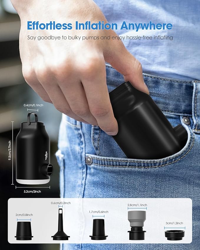 Mini Portable Air Pump for Inflatables - Compact, Rechargeable, Fast Inflation & Deflation with 5 Nozzles, LED Light, Auto Shut-Off for Air Mattresses, Air Pillows, Swimming Rings