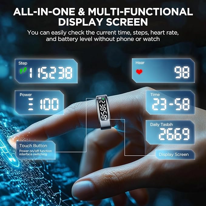 Smart Ring Health Tracker with Display Screen, Sleep Tracker Ring with Heart Rate, Fitness Ring Step tracker for Activity Monitoring/Steps/Calories,Wireless Charging, for iOS Android (Silver,8#)