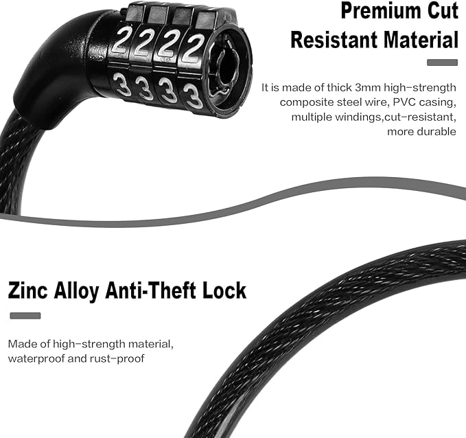 Bike Lock Cable, Bike Accessories Bicycle Lock, Bike Locks Heavy Duty Anti Theft, Combination Cable Lock for Outdoor Equipment, Black (1 Pcs, 3Ft, Preset Combo)
