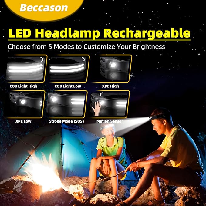 LED Headlamp Rechargeable 6PCS - 230° COB Super Bright Head Lights for Forehead, Hard hat Light for Adults, USB C Headband Flashlight for Work, Hiking, Running, Camping Essentials Gear