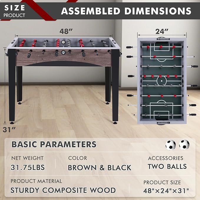 48in Foosball Table, Arcade Table Soccer w/2 Balls for Kids and Adults, Indoor Foosball Table for Home, Game Room w/Wood Grain Finish and Foosball Accessories