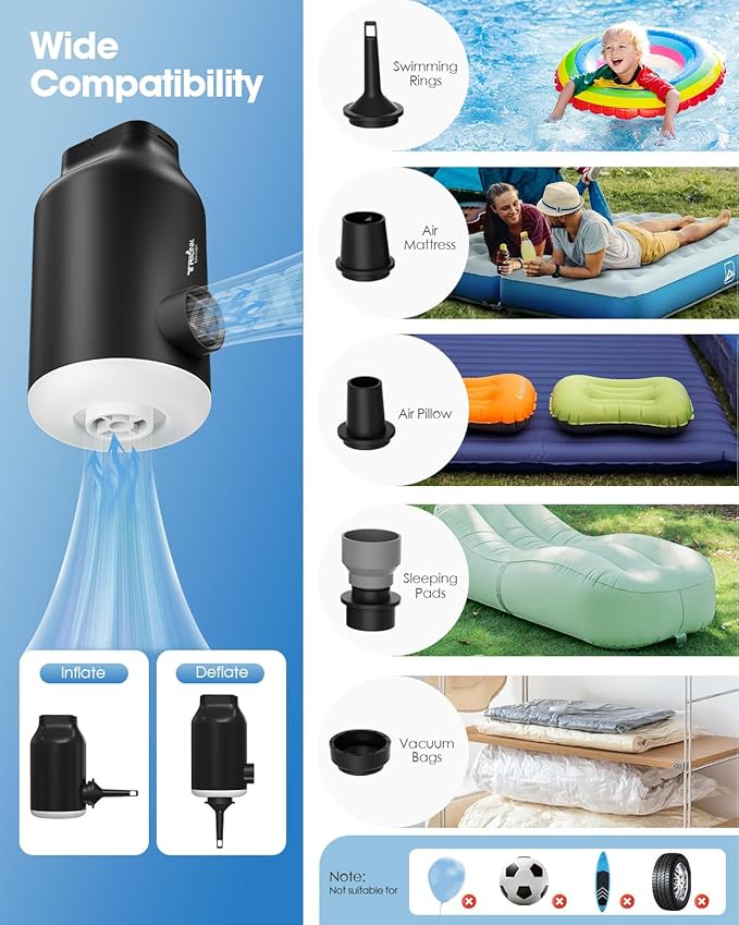 Mini Portable Air Pump for Inflatables - Compact, Rechargeable, Fast Inflation & Deflation with 5 Nozzles, LED Light, Auto Shut-Off for Air Mattresses, Air Pillows, Swimming Rings