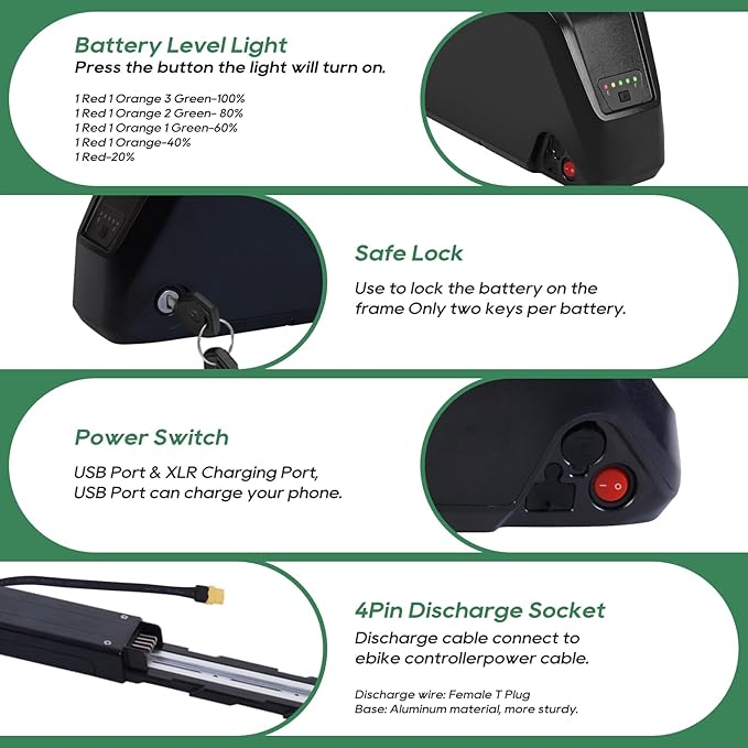 UAZ 36V 48V 52V Ebike Battery 4 Pin 10Ah 15Ah 20Ah Electric Bike Battery with 40A BMS Safe Lock, Led Indicator Light, for 200-1500W Motor Tricycle, Mountain Bicycle Batteries (52V20AH-4PIN)