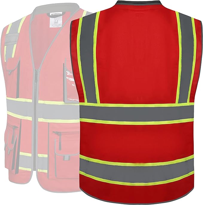 JKSafety 10 Pockets Hi-Vis Zipper Front Fluorescent Red Safety Vest | Cushioned Collar | High Reflective Tapes with Extended Neon Yellow Strips | Meets ANSI/ISEA Standards (XX-Large, 89-Red)