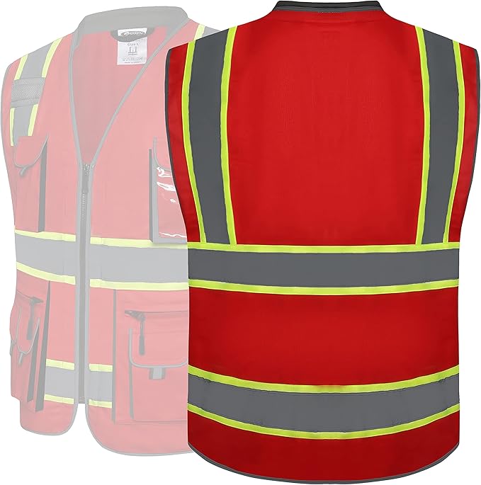 JKSafety 10 Pockets Hi-Vis Zipper Front Fluorescent Red Safety Vest | Cushioned Collar | High Reflective Tapes with Extended Neon Yellow Strips | Meets ANSI/ISEA Standards (Large, 89-Red)