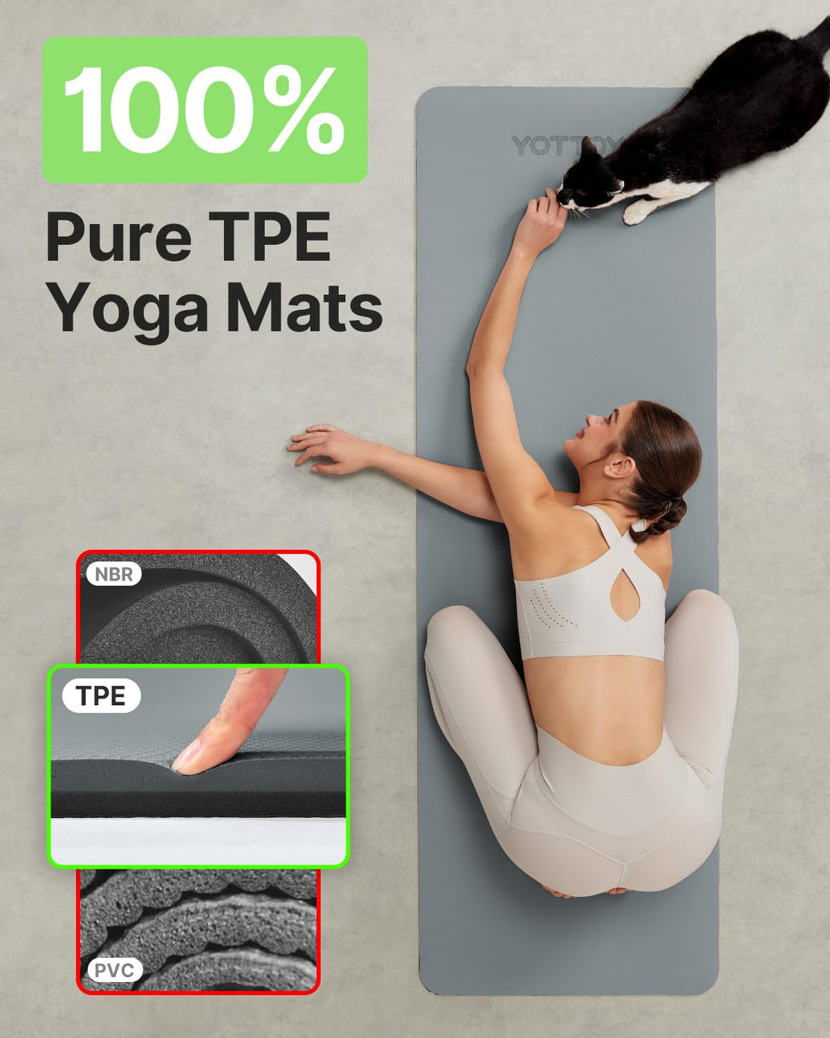YOTTOY Yoga Mat, Non-Slip TPE Exercise Mat (1/4 Inch) for Pilates, Fitness & Barefoot Workouts, Home Gym Studio with Strap & Bag (Grey, 24 * 0.24 Inches)