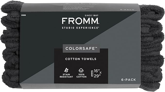 Fromm ColorSafe 100% Cotton Bleach Proof Salon Hair Towels, for Hairstylists, Barbers, Spa, Gym, Absorbent and Stain-Resistant Black Towels for Drying Long, Curly, or Wavy Hair, 16" x 29", 6 Pack