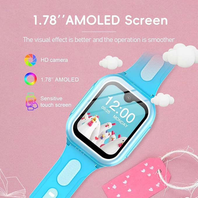 Wonlex 4G GPS Smartwatch for Kids, 1.78" AMOLED Touchscreen Large Phone Watch with SIM Card, Video Calls, Voice Chat, SOS, Camera, Music, Pedometer, Game, Birthday Gift for Girls Boys Ages 8-15(Blue)