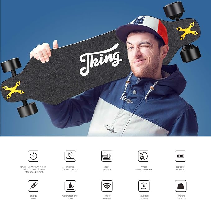 JKING Electric Skateboard Electric Longboard with Remote Control Electric Skateboard,900W Hub-Motor,26 MPH Top Speed，21.8 Miles Range,3 Speed Adjustment，Max Load 330 Lbs,6 Months Warranty