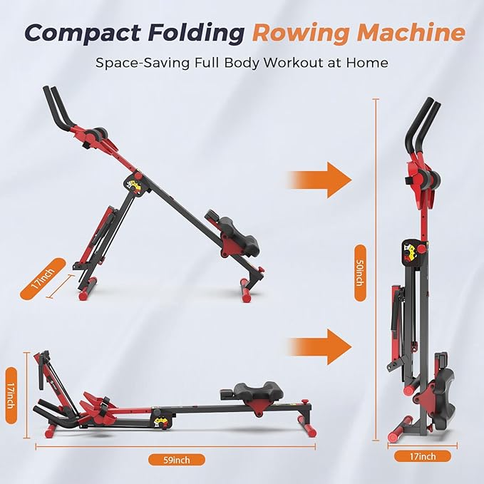 Rowing Machine, 4 in 1 Rowing and Ab Machine with 2 Levels of Workout Resistance, Quiet & Foldable Rower Machine with 3 Adjustable Handle Heights & LCD Monitor, Row Machine for Home Exercise