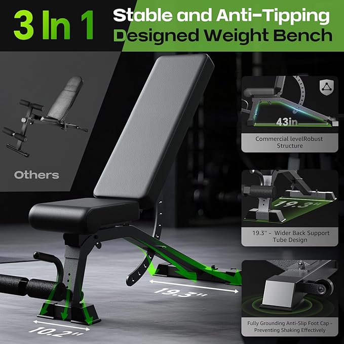 192-Setting Adjustable Weight Bench, 1200LB Heavy Duty Workout Bench for Home Gym, Commercial Incline-Flat-Decline Bench Press for Full Body Fitness, 4 Suitable Leg Rest Gears with Fully Upright Backrest