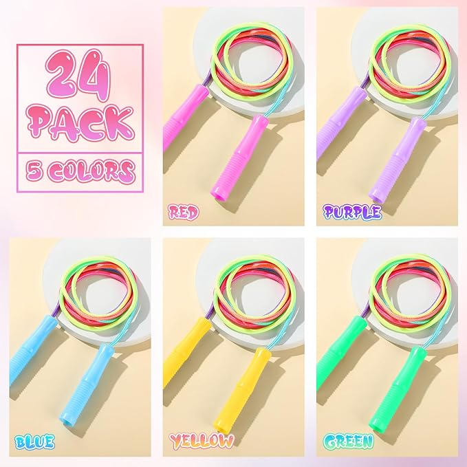 24 pcs Jump Rope Bulk for Kids 7.22 ft Adjustable Gradient Rainbow Color Skipping Rope Outdoor Exercise Fitness Equipment for Back to School Class Playground Activities Set