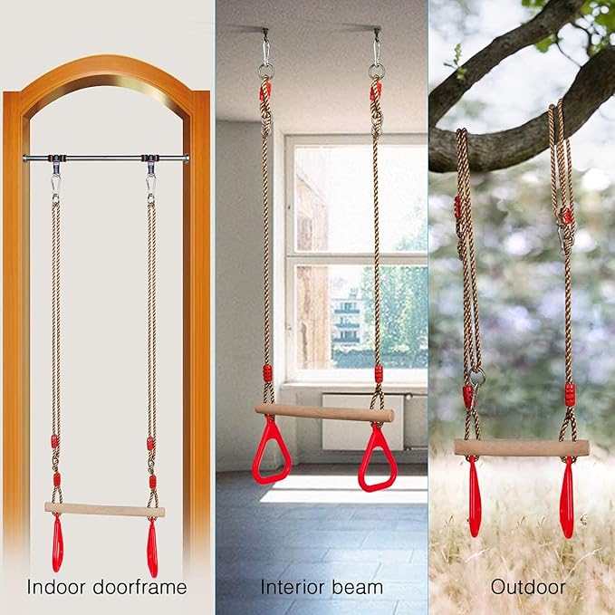 PELLOR Playground Children's Wooden Trapeze Swing Bar with Plastic Gym Rings Swing Set for Indoor & Outdoor Fun