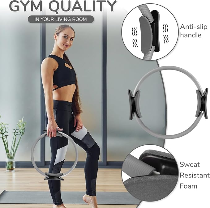 TOPZGLEEY Pilates Ring Set – 14" Anti-Deformation Magic Circle with Padded Handles, Mini Ball, 5 Resistance Bands, Guide, Pilates Equipment for Home Workout