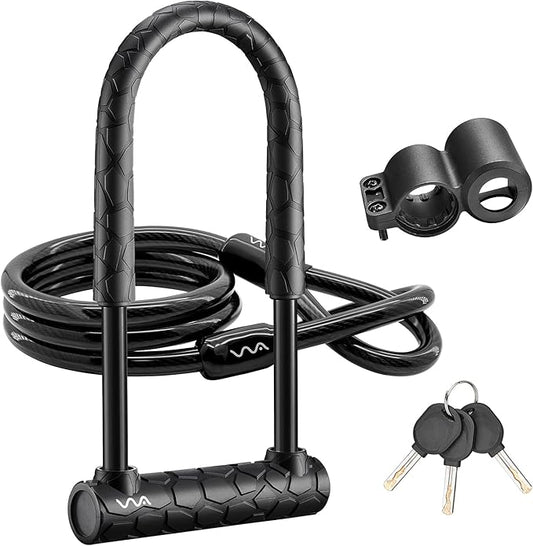 Bike U Lock,Heavy Duty Combination Bicycle u Lock Shackle 4ft Length Security Cable with Sturdy Mounting Bracket and Key Anti Theft Bicycle Secure Locks