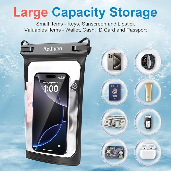 Large Waterproof Phone Pouch, 2Pack Floating Waterproof Bag for iPhone 16 15 14 13 12 Pro Max Galaxy S24 S23 S22 All Phones, Cell Phone Dry Bag for Beach Swimming Rafting Boating (Black + Black)