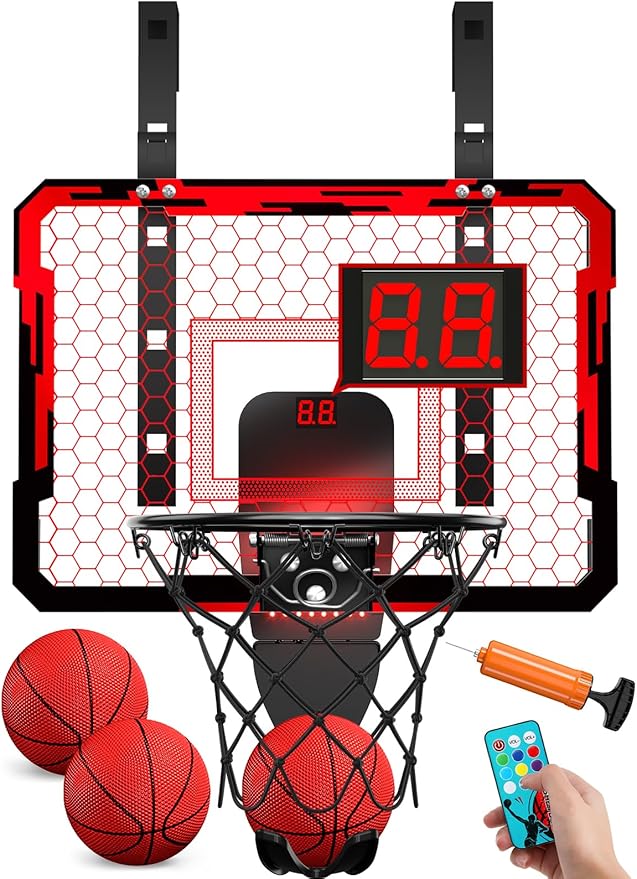 QDRAGON Indoor Basketball Hoop for Kids, Over The Door Mini Basketball Hoops with 7 LED Lighting, Basketball Toys Gifts for 5 6 7 8 9 10 11 12 Year Old Boys Girls Teens, Red