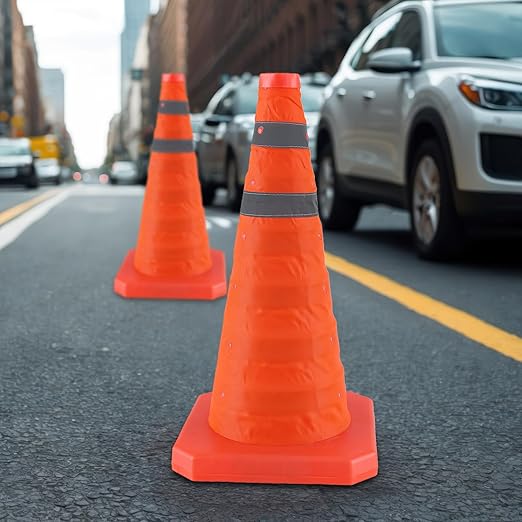 28 Inch 2 Pack Collapsible Traffic Safety Cones, Orange Cones with Reflective Collar, Portable Multipurpose Traffic Cones for Parking Construction Driving Training Sports Practice