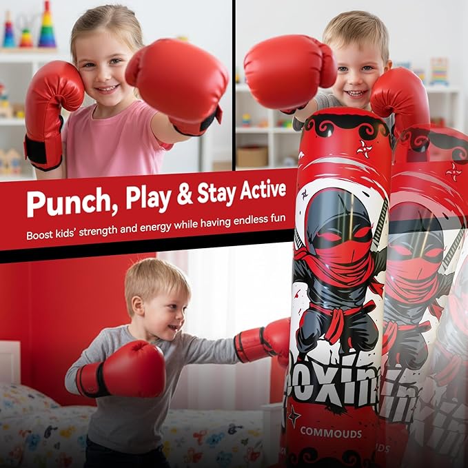 COMMOUDS 67inch Punching Bag for Kids, Inflatable Kids Boxing Set with Gloves, Fast Rebound Punching Bag for Practicing Karate, Taekwondo, MMA, Christmas/Birthday Gift for Boys Girls, Ages 6-14