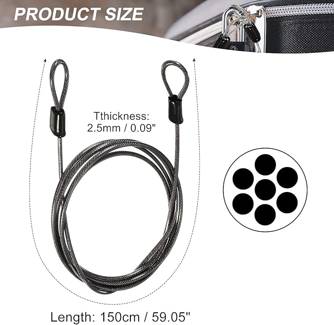 MECCANIXITY Security Steel Cable Lock, Safety Cable Flexible Wire Rope Luggage Lock 5feet 2.5mm Vinyl Coated Braided Steel with Double Loop for Bike Bicycle U-Lock Padlock Grey