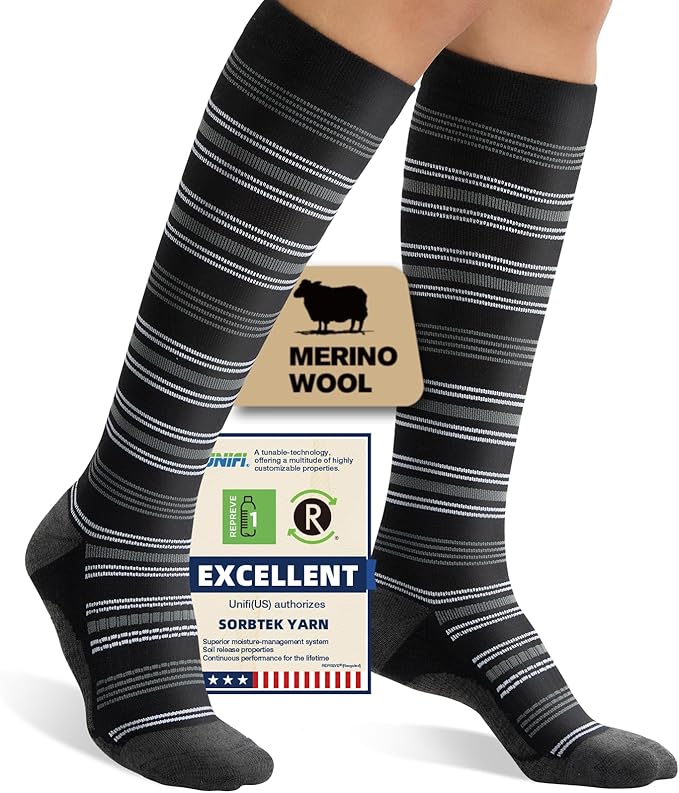 Merino Wool Compression Socks for Women Men, 15-20 mmHg, Soft & Breathable for Travel, Running, Pregnancy