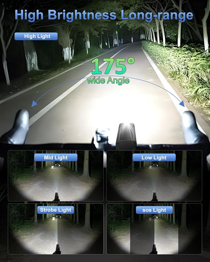 Upgrade Super Bright 6 LED Bike Light for Night Riding,3800 Lumens Aluminum Rechargeable Bicycle Light, 6000 mAh ，Runtime 48+hrs,10 Modes Waterproof Safety Bike Headlight Taillight for Outdoor Cycling